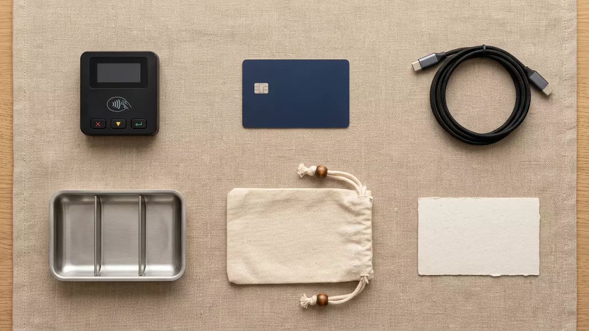 Flatlay-Arrangement rund um Kartenlesegerät mit passenden Requisiten von oben, neutral