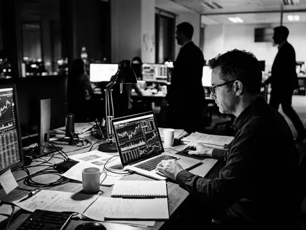 Schwarzweiss-Reportage mit Wertpapierdepot zum Thema iShares Core MSCI World, ISIN US09247X1019, hoher Kontrast - Foto: THN