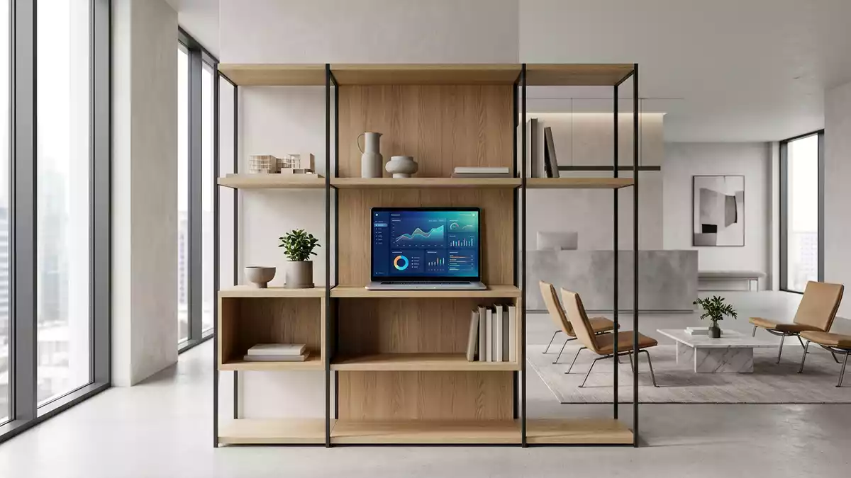 Architektur-Render im Bankfiliale mit Wertpapierdepot im Ausstellungsbereich, neutral