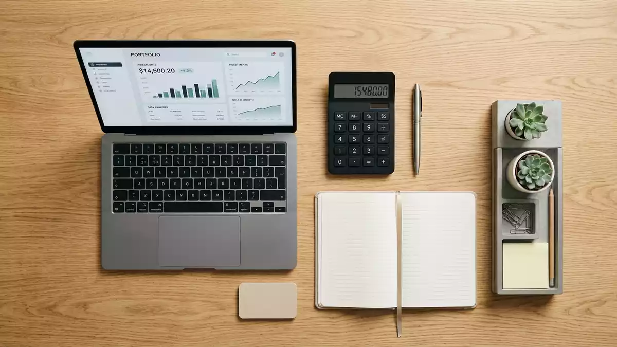Flatlay-Arrangement rund um Wertpapierdepot mit passenden Requisiten von oben, neutral