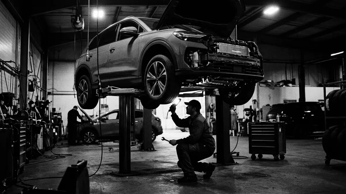 Schwarzweiss-Reportagebild mit Elektro-SUV in dokumentarischer Arbeitsumgebung