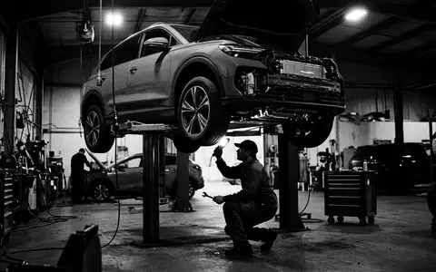 Schwarzweiss-Reportage mit Elektro-SUV zum Thema BMW iX3, ISIN DE0005190003, hoher Kontrast, sachlich dargestellt - Foto: THN