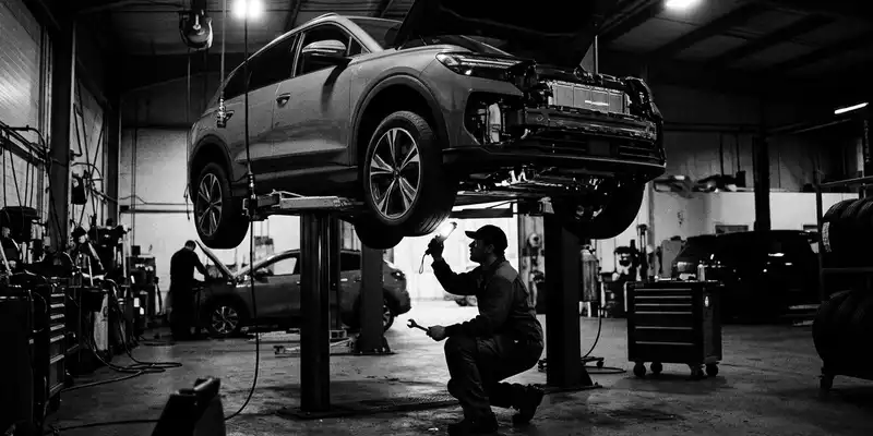 Schwarzweiss-Reportage mit Elektro-SUV zum Thema BMW iX3, ISIN DE0005190003, hoher Kontrast, sachlich dargestellt - Foto: THN