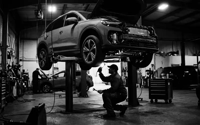Schwarzweiss-Reportage mit Elektro-SUV zum Thema BMW iX3, ISIN DE0005190003, hoher Kontrast, sachlich dargestellt - Foto: THN