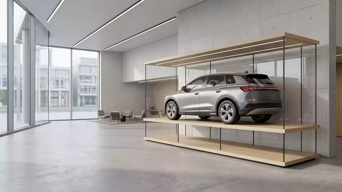 Architektur-Render im Autohaus mit Elektro-SUV im Ausstellungsbereich, neutral