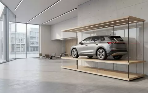 Architektur-Render im Autohaus mit Elektro-SUV zum Thema BMW iX3, ISIN DE0005190003, neutrales Tageslicht - Foto: THN