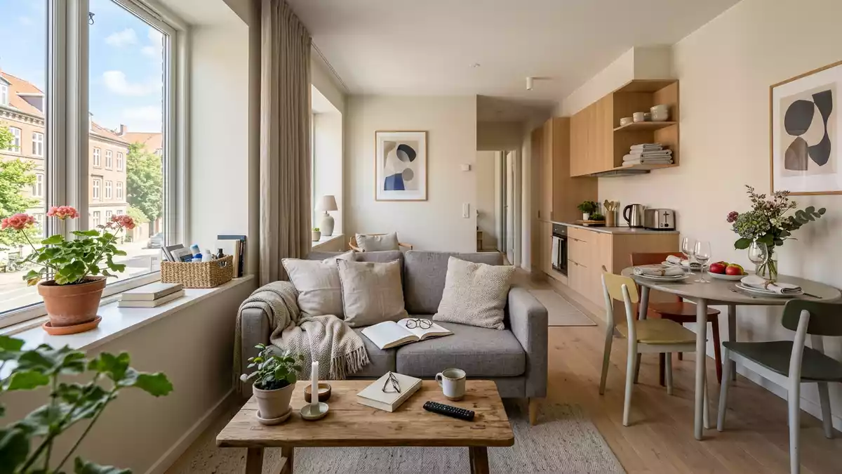 Fotorealistische Ansicht von Ferienwohnung auf Reisen in realer Umgebung, neutral