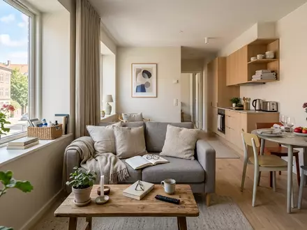 Fotorealistische Aufnahme von Ferienwohnung auf Reisen zum Thema Airbnb Unterkunft, ISIN US0090661010, natuerliches Licht - Foto: THN
