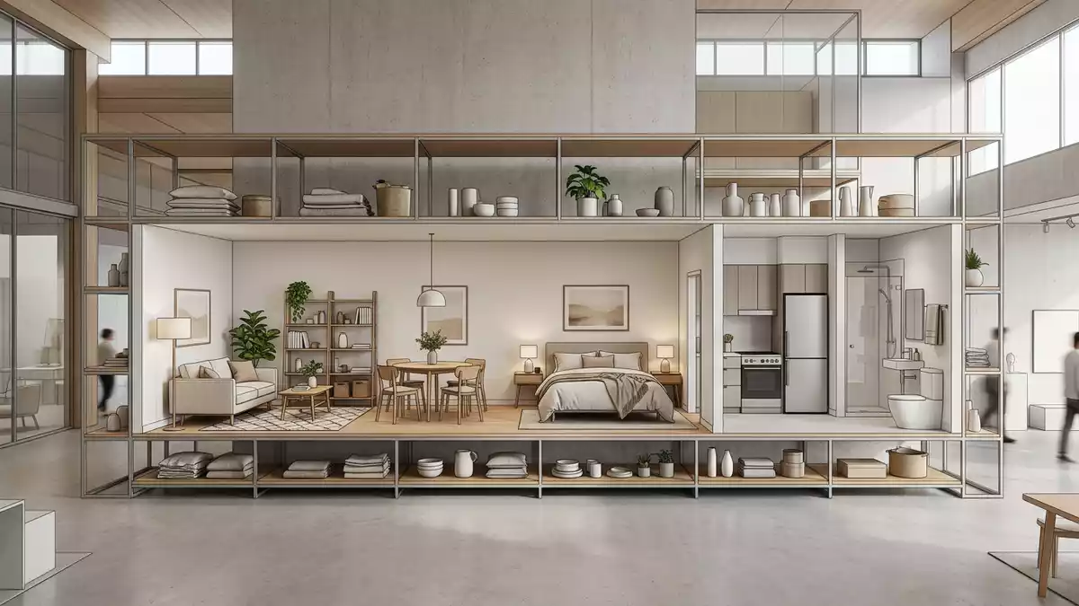 Architektur-Render im Möbelfachhandel mit Ferienwohnung im Ausstellungsbereich