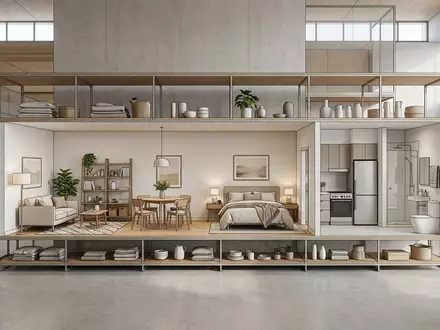 Architektur-Render im Möbelfachhandel mit Ferienwohnung zum Thema Airbnb Unterkunft, ISIN US0090661010, neutrales Tageslicht - Foto: THN