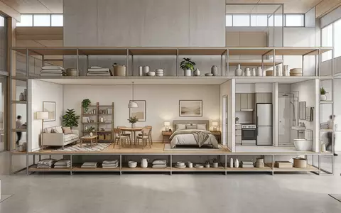 Architektur-Render im Möbelfachhandel mit Ferienwohnung zum Thema Airbnb Unterkunft, ISIN US0090661010, neutrales Tageslicht - Foto: THN