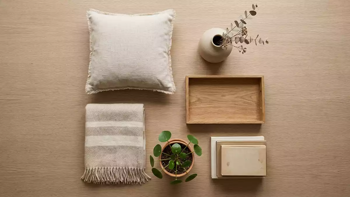 Flatlay-Arrangement rund um Ferienwohnung mit passenden Requisiten von oben, neutral