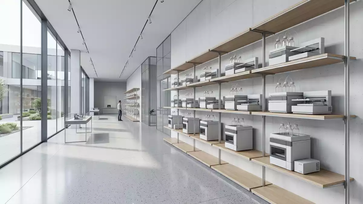 Architektur-Render im Laborfachhandel mit Chromatograph im Ausstellungsbereich