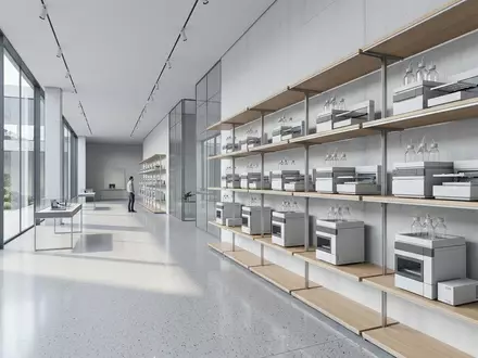 Architektur-Render im Laborfachhandel mit Chromatograph zum Thema Chromatograph, ISIN US00846U1016, neutrales Tageslicht - Foto: THN