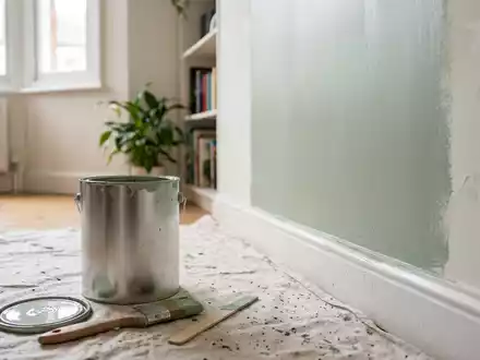 Fotorealistische Aufnahme von Wandfarbe beim Renovieren zum Thema Dulux Wandfarbe, ISIN NL0013267909, natuerliches Licht - Foto: THN