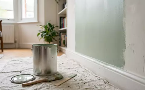 Fotorealistische Aufnahme von Wandfarbe beim Renovieren zum Thema Dulux Wandfarbe, ISIN NL0013267909, natuerliches Licht - Foto: THN
