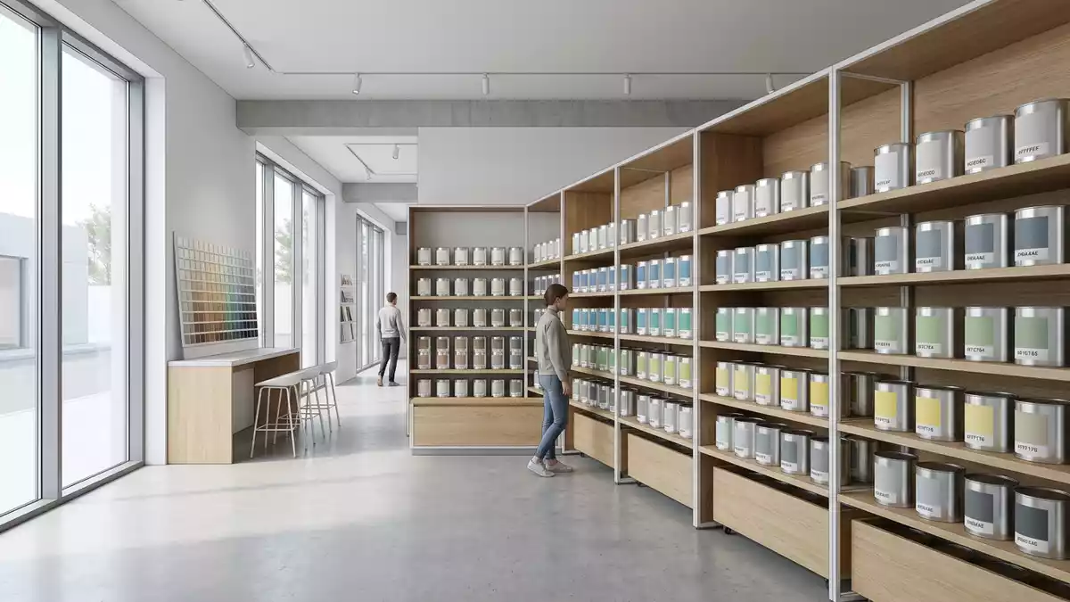 Architektur-Render im Farbenfachhandel mit Wandfarbe im Ausstellungsbereich, neutral