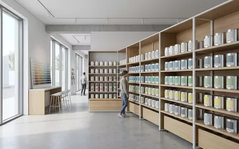 Architektur-Render im Farbenfachhandel mit Wandfarbe zum Thema Dulux Wandfarbe, ISIN NL0013267909, neutrales Tageslicht - Foto: THN