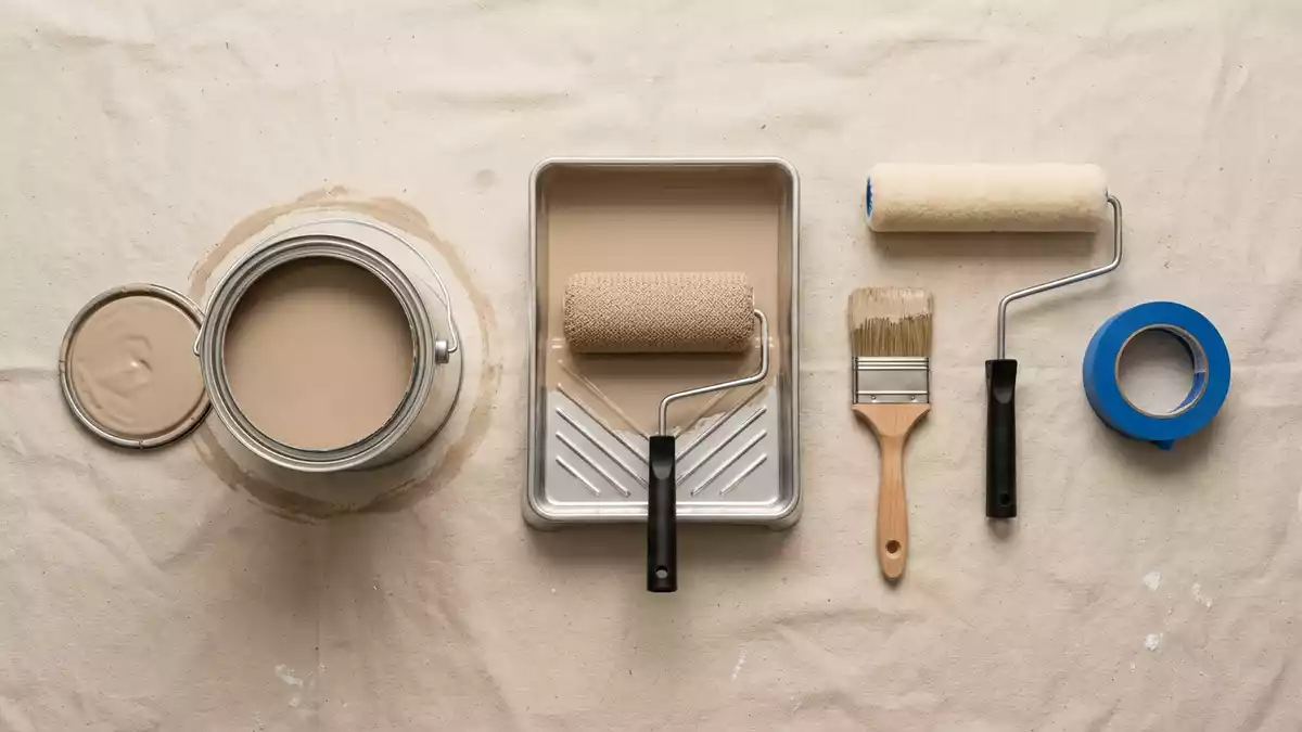 Flatlay-Arrangement rund um Wandfarbe mit passenden Requisiten von oben, neutral