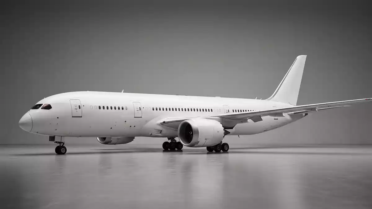 Fotorealistische Studioansicht von Passagierflugzeug in neutraler Produktdarstellung