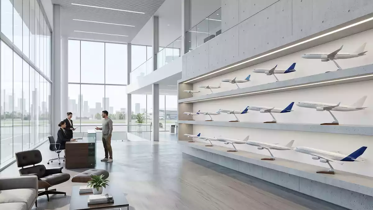 Architektur-Render im Reisebüro mit Passagierflugzeug im Ausstellungsbereich, neutral