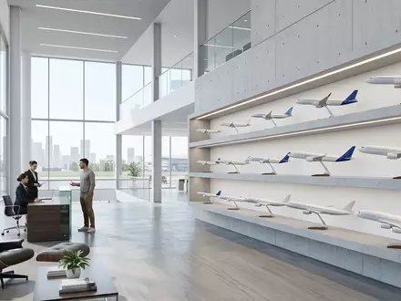 Architektur-Render im Reisebüro mit Passagierflugzeug zum Thema Air France Flug, ISIN FR0000031122, neutrales Tageslicht - Foto: THN