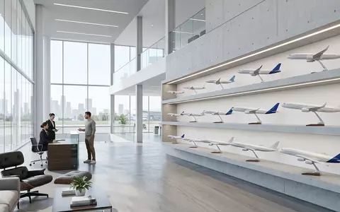 Architektur-Render im Reisebüro mit Passagierflugzeug zum Thema Air France Flug, ISIN FR0000031122, neutrales Tageslicht - Foto: THN