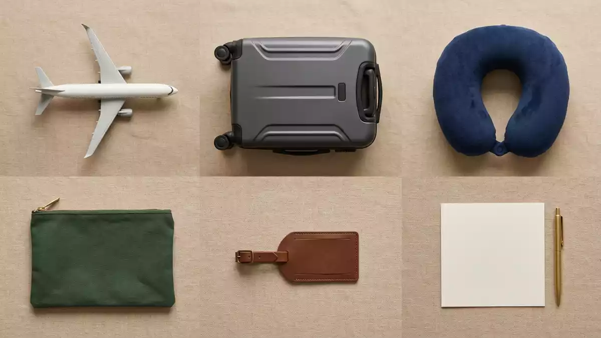 Flatlay-Arrangement rund um Passagierflugzeug mit passenden Requisiten von oben