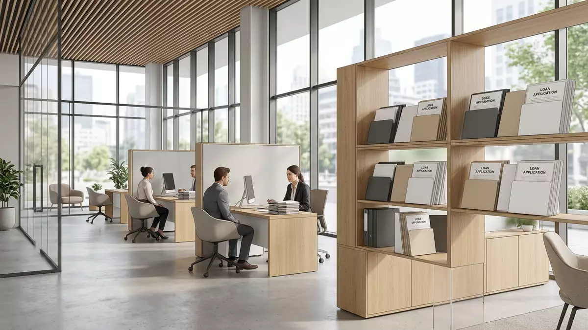 Architektur-Render im Finanzberatung mit Kreditunterlagen im Ausstellungsbereich