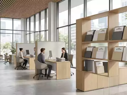 Architektur-Render im Finanzberatung mit Kreditunterlagen zum Thema Deutsche Bank Kredit, ISIN DE0005140008, neutrales Tageslicht - Foto: THN