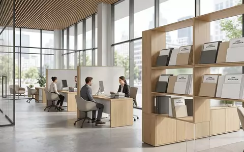 Architektur-Render im Finanzberatung mit Kreditunterlagen zum Thema Deutsche Bank Kredit, ISIN DE0005140008, neutrales Tageslicht - Foto: THN
