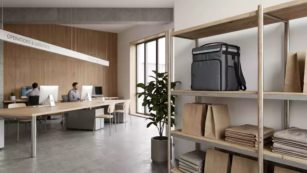 Architektur-Render im Lieferdienstzentrale mit Lieferdiensttasche im Ausstellungsbereich