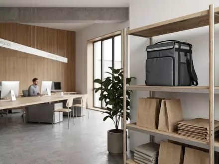 Architektur-Render im Lieferdienstzentrale mit Lieferdiensttasche zum Thema Foodpanda, ISIN DE000A2E4K43, neutrales Tageslicht - Foto: THN