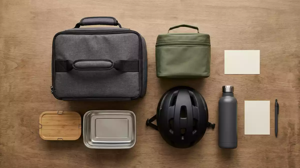 Flatlay-Arrangement rund um Lieferdiensttasche mit passenden Requisiten von oben