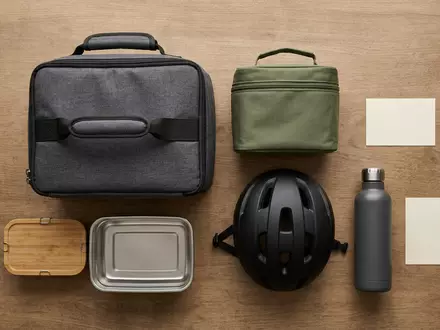 Flatlay-Arrangement rund um Lieferdiensttasche zum Thema Foodpanda, ISIN DE000A2E4K43, weiches Oberlicht, sachlich dargestellt - Foto: THN