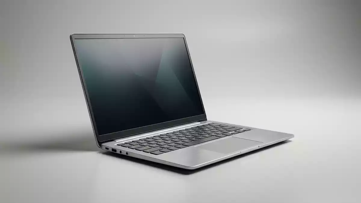 Fotorealistische Studioansicht von Laptop in neutraler Produktdarstellung, neutral