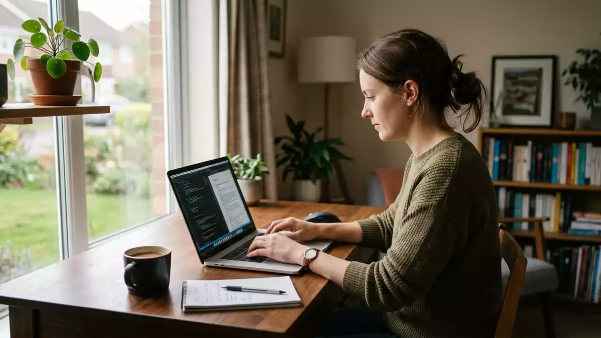 Fotorealistische Ansicht von Laptop im Homeoffice in realer Umgebung, neutral