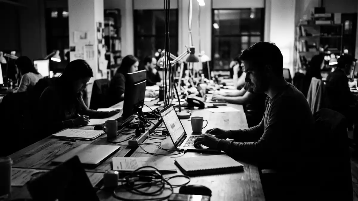 Schwarzweiss-Reportagebild mit Laptop in dokumentarischer Arbeitsumgebung, neutral