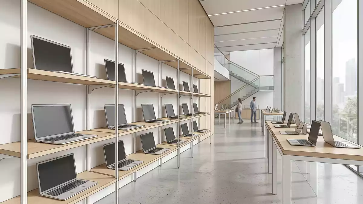Architektur-Render im Elektronik-Fachmarkt mit Laptop im Ausstellungsbereich, neutral