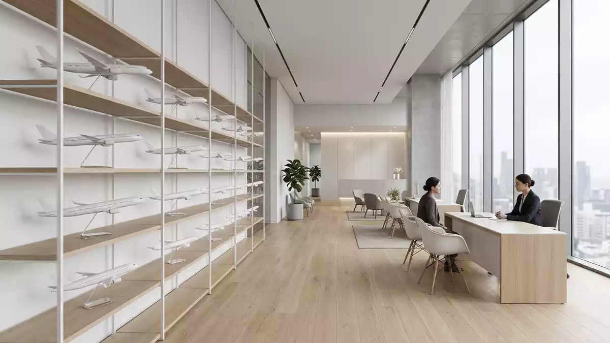 Architektur-Render im Reisebüro mit Flugreise im Ausstellungsbereich, neutral