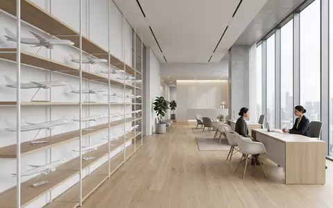 Architektur-Render im Reisebüro mit Flugreise zum Thema Delta Flug, ISIN US2473617023, neutrales Tageslicht - Foto: THN