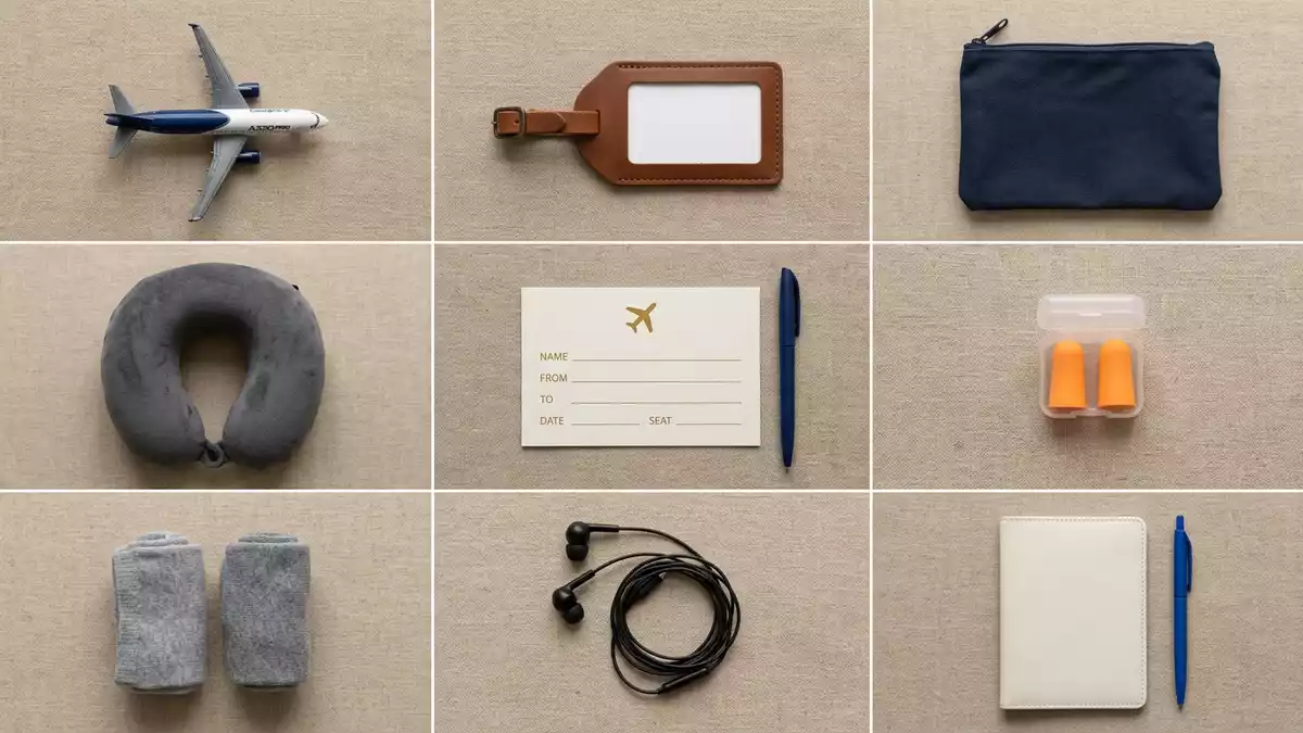 Flatlay-Arrangement rund um Flugreise mit passenden Requisiten von oben, neutral