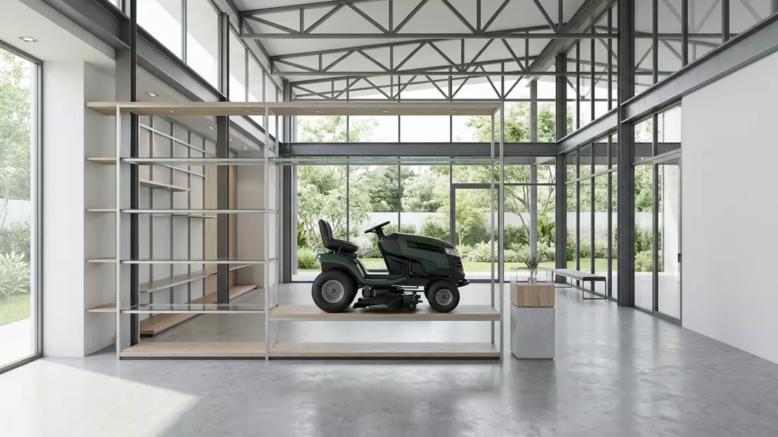 Architektur-Render im Gartenfachhandel mit Rasentraktor im Ausstellungsbereich