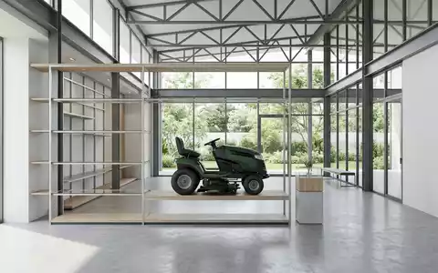Architektur-Render im Gartenfachhandel mit Rasentraktor zum Thema John Deere Rasentraktor, ISIN US2441991054, neutrales Tageslicht - Foto: THN