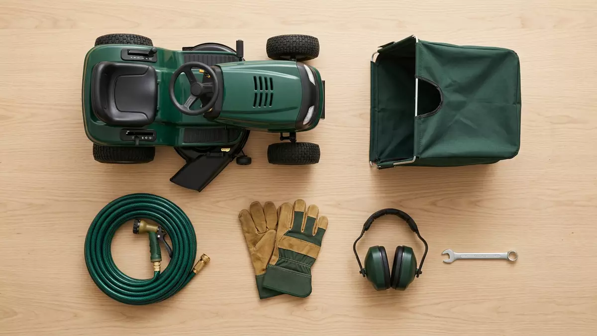 Flatlay-Arrangement rund um Rasentraktor mit passenden Requisiten von oben, neutral