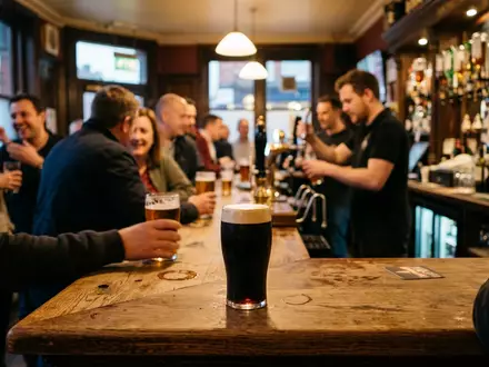 Fotorealistische Aufnahme von Stoutbier in der Kneipe zum Thema Guinness Draught, ISIN GB0002374006, natuerliches Licht - Foto: THN