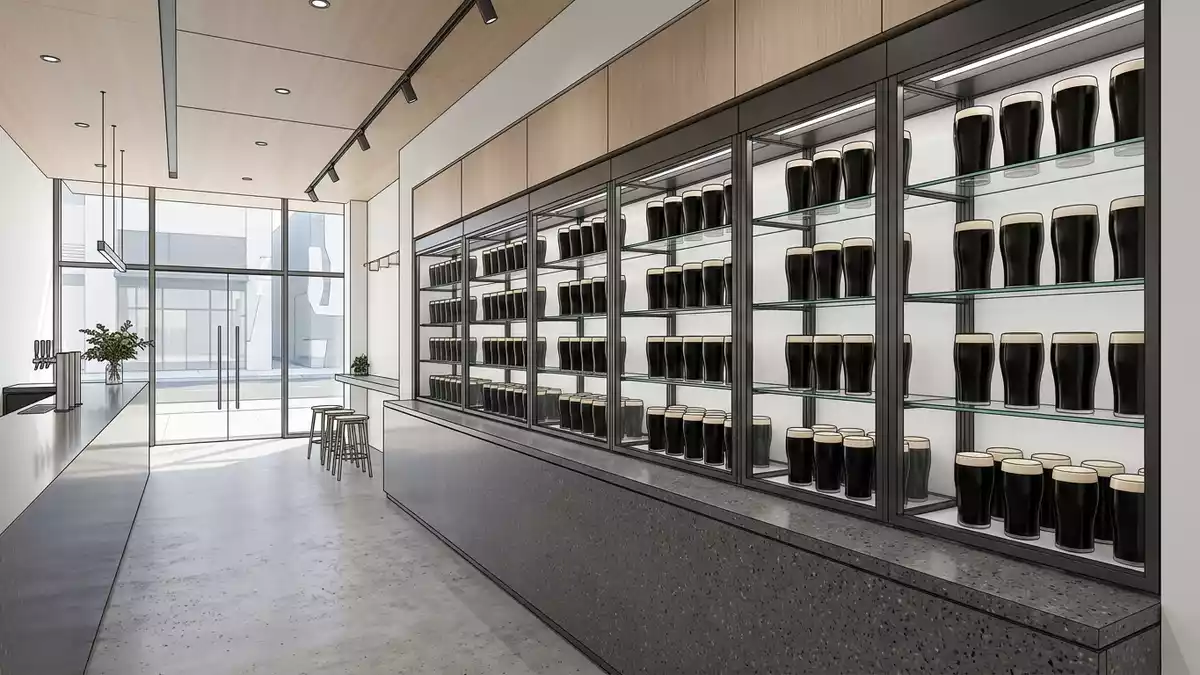 Architektur-Render im Getränkemarkt mit Stoutbier im Ausstellungsbereich, neutral