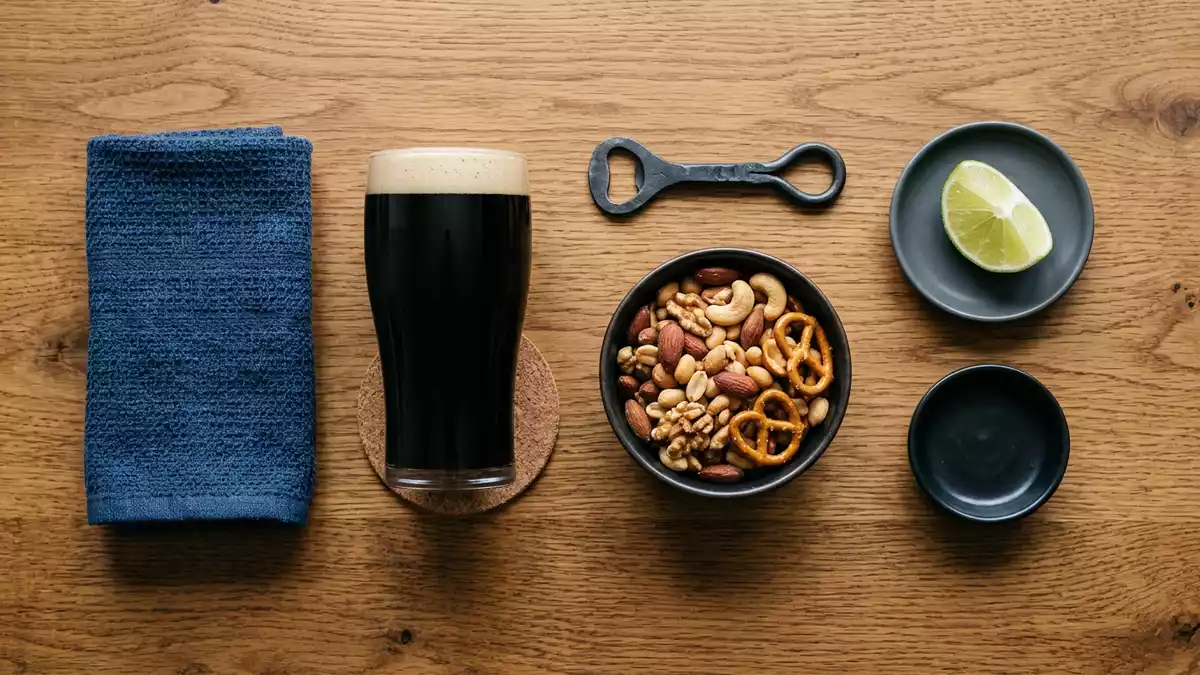 Flatlay-Arrangement rund um Stoutbier mit passenden Requisiten von oben, neutral