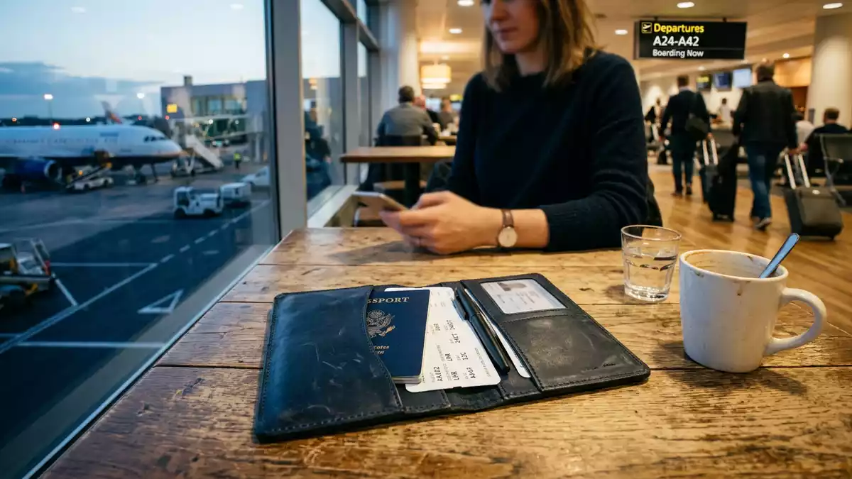 Fotorealistische Ansicht von Reiseunterlagen vor dem Abflug in realer Umgebung