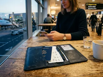Fotorealistische Aufnahme von Reiseunterlagen vor dem Abflug zum Thema Lufthansa Flugticket, ISIN DE0008232125, natuerliches Licht - Foto: THN